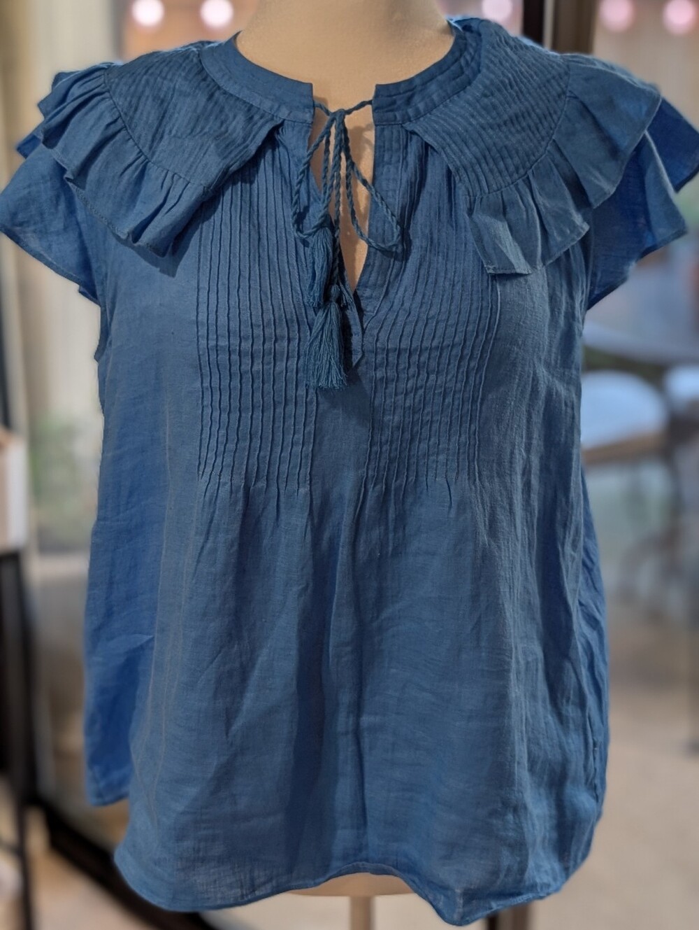 Tahari Blue 100% Linen Ruffled Pintuck Tie-Neck Top